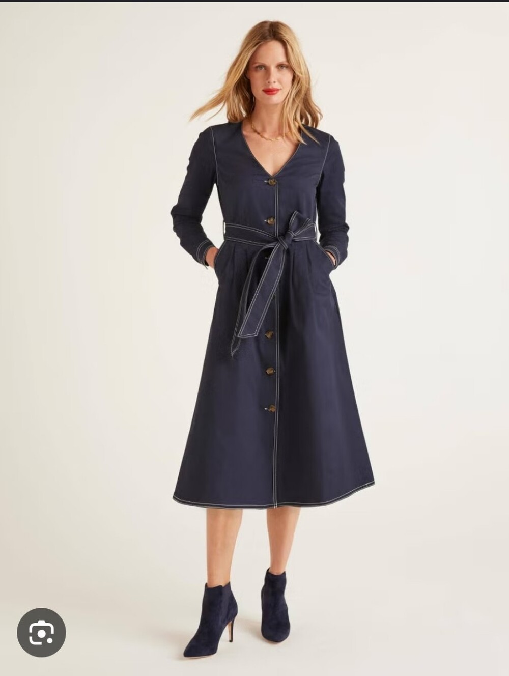 Boden Navy Button-Front Midi Dress with Self-Tie Belt